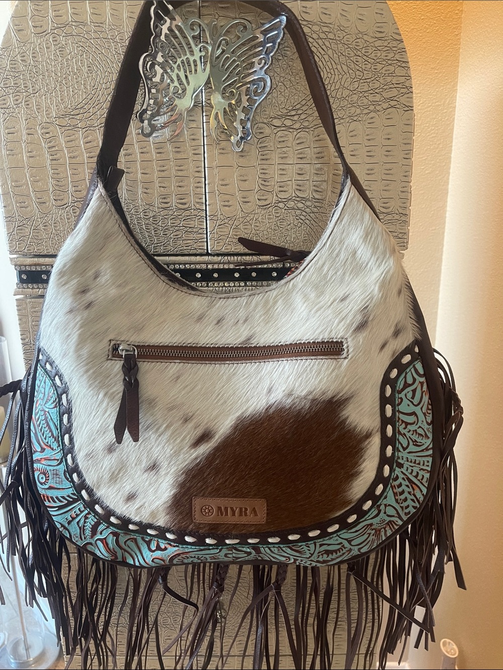 Myra Bag Brown & White Cowhide Fringe Shoulder Bag with Turquoise Tooled Trim - Picture 2 of 3